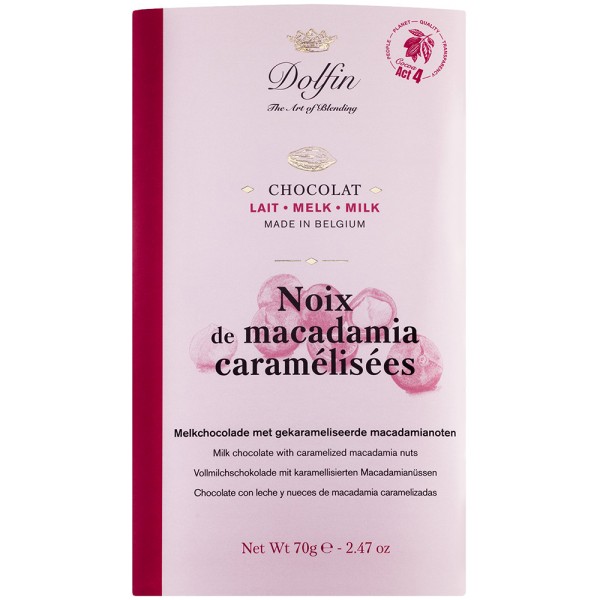Dolfin Schokolade 38 % mit karamellisierten Macadamianüssen, 70g
